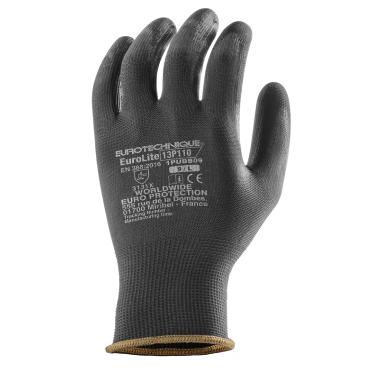 EUROLITE 13P110 blck polyester gloves, black PU, *CAR*, S.