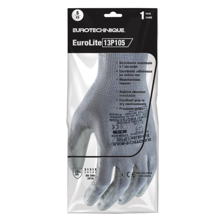EUROLITE 13P105 grey polyester gloves, grey PU palm, S.
