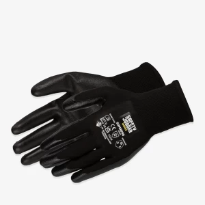 Zwarte polyester veiligheidshandschoenen met een zwarte nitril coating